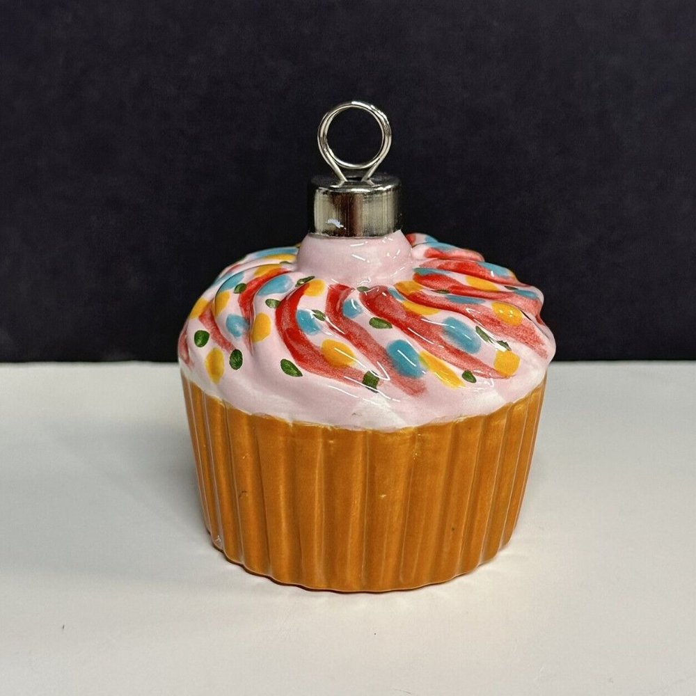 Ceramic Rainbow Cupcake VTG Christmas Ornament Confetti Signed & Numbered 3"